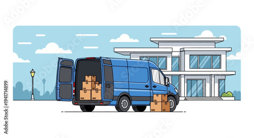 Delivery van unloading packages at a modern building.