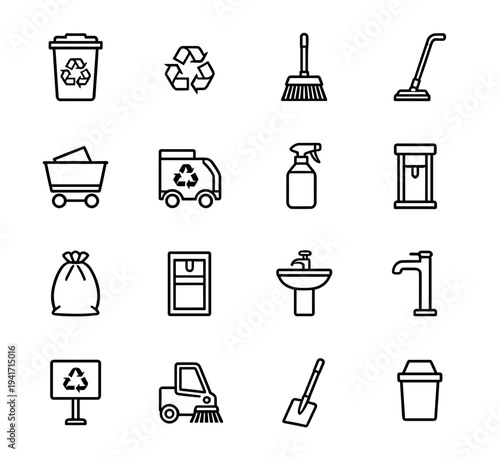 Professional cleaning and waste disposal icon set for janitorial services and environmental maintenance including recycling signs and sanitary equipment tools