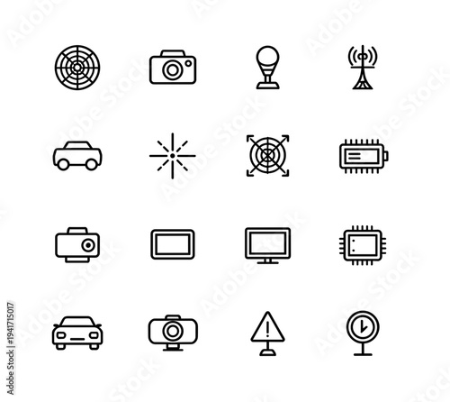 Advanced technology and electronic device interface icons set featuring digital equipment sensors automotive and hardware connectivity symbols for modern systems