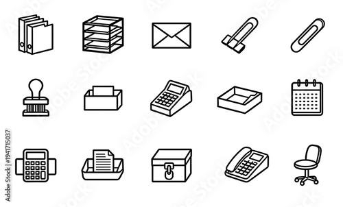 Office and administrative workspace organization icons set featuring documents filing stationery and communication tools for professional corporate business management