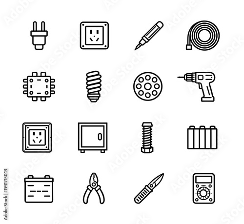 Industrial electrical components and maintenance tools icon set featuring power hardware circuitry and workshop equipment for construction and repair services professional