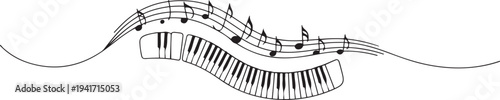 piano keyboard curve shape one line continuous drawing and music notes minimalism decorative. one line art icon drawing vector