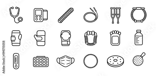Medical and physical rehabilitation equipment icon set for healthcare clinics fitness recovery physiotherapy and health monitoring tools for wellness support