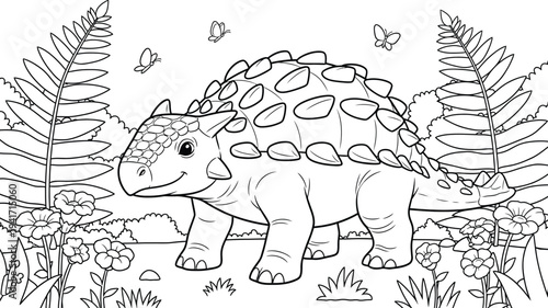 a detailed black and white illustration depicts an ankylosaurus surrounded by lush foliage and fluttering butterflies creating a peaceful scene