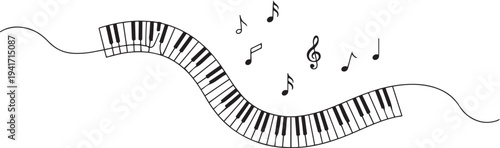 piano keyboard curve shape one line continuous drawing and music notes minimalism decorative. one line art icon drawing vector