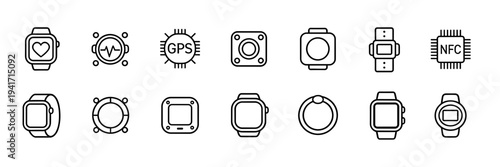 Set of modern digital wearable device icons, smart watch health tracker features and fitness technology symbols for mobile application UI design