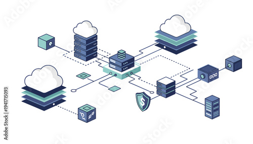 Cloud Computing Network Infrastructure Diagram with Servers and Security.
