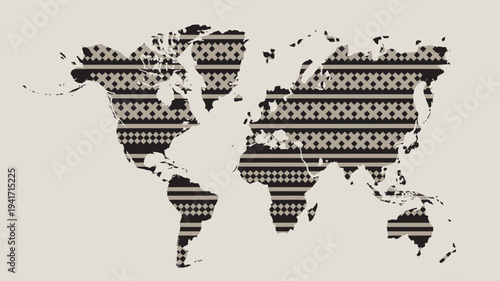 A stylized illustration of the world map with various patterns and designs on a beige background