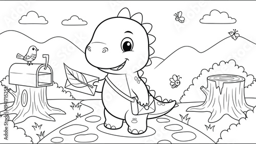 a charming black and white illustration depicts a cute dinosaur delivering mail with a cheerful bird in a whimsical outdoor setting