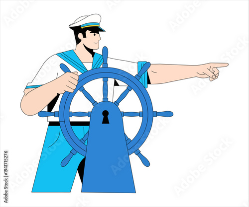 Nautical theme sailor at the helm isolated on white background.