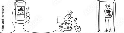 online shopping, food delivery courier mobile application one line continuous. express delivery courier customer service. one line art icon drawing vector