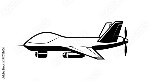 Unmanned aerial vehicle (UAV) drone, side view, vector illustration, black and white