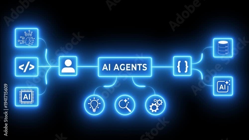 AI agents concept on the black background. Connected artificial intelligence icons and data flow, autonomous workflow, multi agent system. 4k video animation.