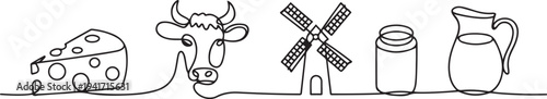  Set of continuous one line drawing of a cheese theme. One line of cheese, cow, mill, can, pitcher isolated on white background. one line art icon drawing vector