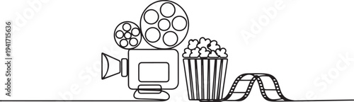 Set of continuous one line cinema elements. Vintage cinema elements isolated on a white background. one line art icon drawing vector