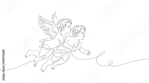 Two cherubic figures with wings depicted in a continuous line drawing