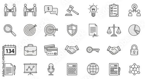 Business Icons Set: Finance, Law, Strategy, and Success - Doodle Style