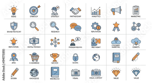Business Icons Set: Strategy, Analytics, Marketing, Finance, Communication, Technology