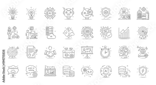 AI Technology Icons: Innovation, Data, Security, Business, and Future Concepts