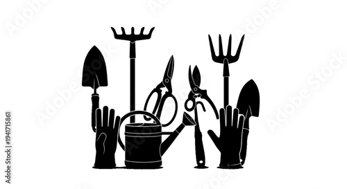 Gardening Tools Silhouette Collection: Rake, Shovel, Secateurs, Watering Can, Gloves
