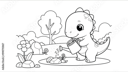 a charming black and white illustration depicts a cute baby dinosaur lovingly watering a small garden with flowers and rocks