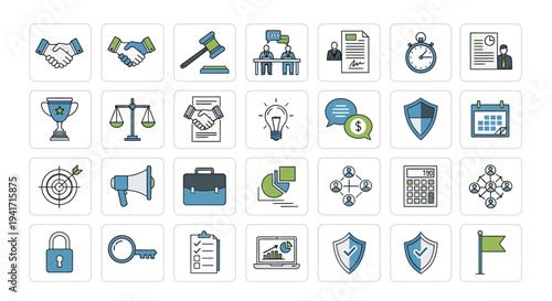 Business Icons Set: Finance, Law, Strategy, Security, and Success Symbols