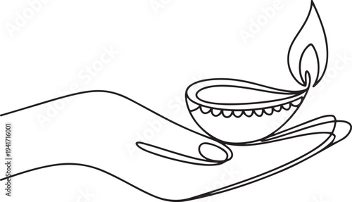 design vector line art illustration of hand holding candle for celebration of diwali festival of lights. one line art icon drawing vector