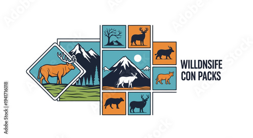Photography Wild Animals and Mountain Landscape Icons Set - Vector Illustration
