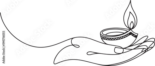 design vector line art illustration of hand holding candle for celebration of diwali festival of lights. one line art icon drawing vector