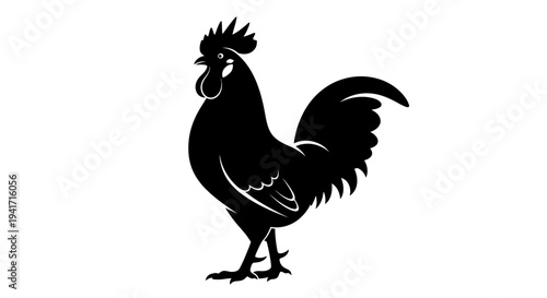 Silhouette of a proud rooster standing, black and white, isolated on white background