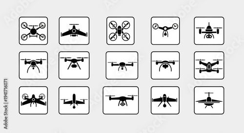 Drone Icons Set: Quadcopter, Fixed-Wing, Aerial Vehicle Silhouettes