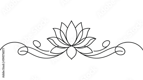 Elegant black line art illustration of a lotus flower with swirling details