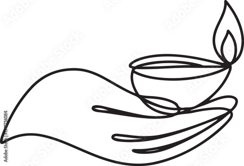 design vector line art illustration of hand holding candle for celebration of diwali festival of lights. one line art icon drawing vector