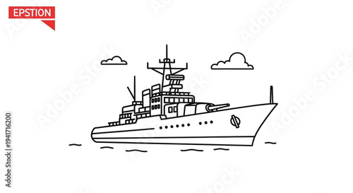 Modern warship illustration, naval destroyer sailing on water, military vessel line art