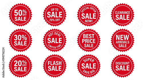 Collection of red sale badges featuring various discount percentages and promotional offers