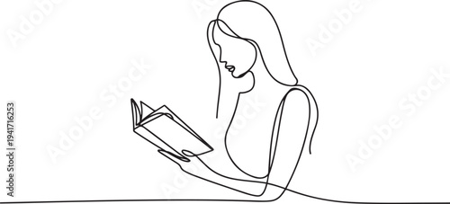 Minimalist One-Line Drawing of a Woman Reading a Book. one line art icon drawing vector