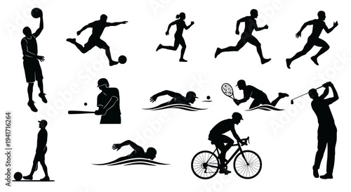 Diverse Sports Silhouettes: Basketball, Soccer, Running, Swimming, Tennis, Golf, Baseball, Cycling