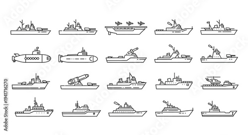 Set of Naval Warships and Military Vessels - Line Art Icons