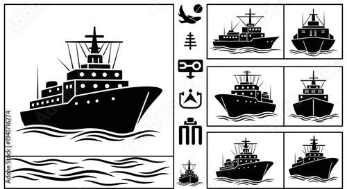 Set of Ship Icons and Illustrations: Warship, Cargo Ship, Cruise Liner, Airplane, Tree