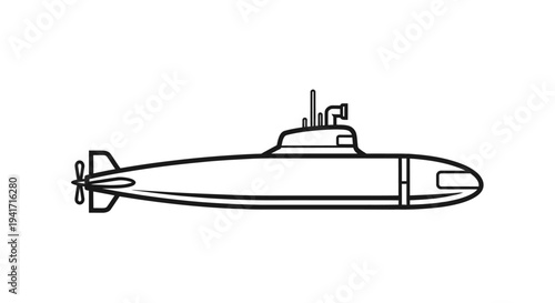 Submarine outline icon, underwater vessel silhouette, navy warship vector illustration