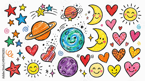 Colorful doodles of planets, stars, and hearts creating a whimsical cosmic scene