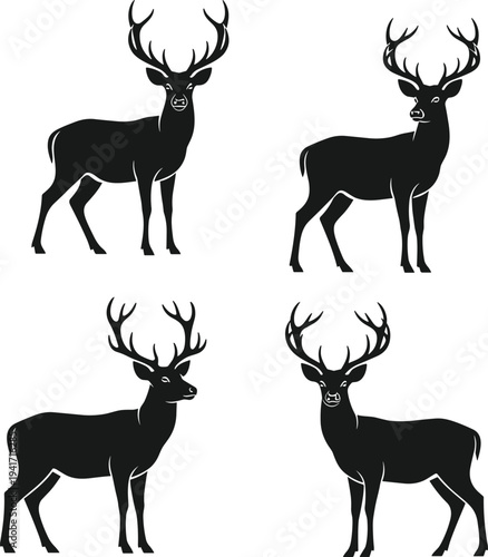 Four silhouette illustrations of majestic stags with large antlers on a white background Keywords: stag, deer, elk, buck, male
