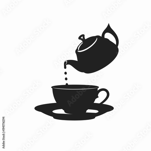 Silhouette of teapot pouring into cup on saucer against white background