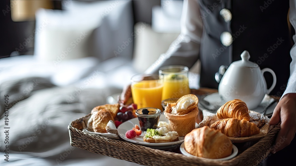 custom made wallpaper toronto digitalA butler presents a lavish breakfast tray to a guest in a luxurious hotel room.