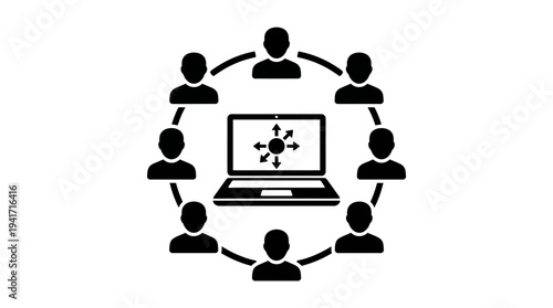 Collaborative online meeting with participants connected around a central laptop screen
