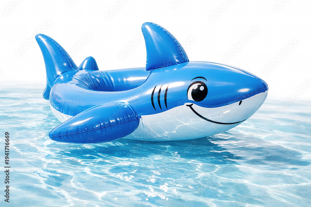 Naklejka premium Blue inflatable shark pool float on clear water, cute cartoon swimming toy for summer vacation, fun pool party inflatable for kids beach holiday.