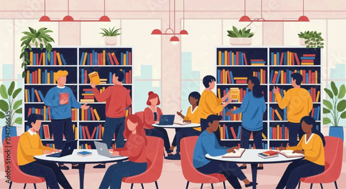 Diverse group of students and individuals studying, reading, and collaborating in a modern, well-lit library or co-working space with bookshelves and plants.