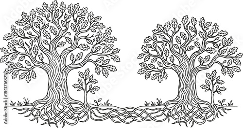Detailed line art vector of a strong oak tree and a small sapling with interconnected roots for Father's Day