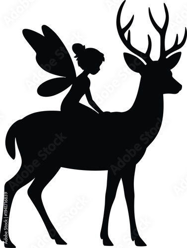 fairy riding deer silhouette fantasy illustration, magical forest character with wings sitting on stag isolated on white background