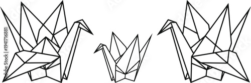 Minimalist geometric outline vector of three origami paper cranes representing family and fatherhood